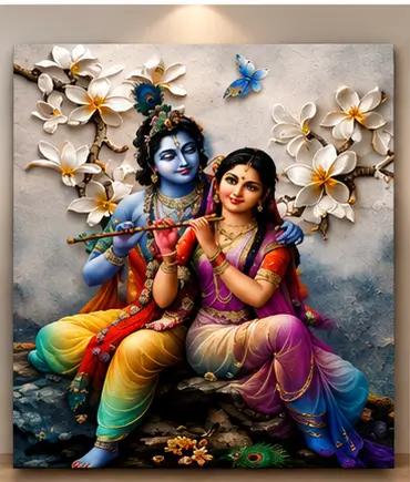 4ioq47dSzMU4bUQe00AZI2swifCRELj20NQRMjij.webp Radha Krishna Peacock 3 Panel Canvas Wall Painting | Premium Spiritual Wall Art for Living Room, Bedroom & Office ( default, OS )