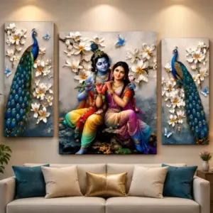 Radha Krishna Peacock 3 Panel Canvas Wall Painting | Premium Spiritual Wall Art for Living Room, Bedroom & Office ( default, OS )