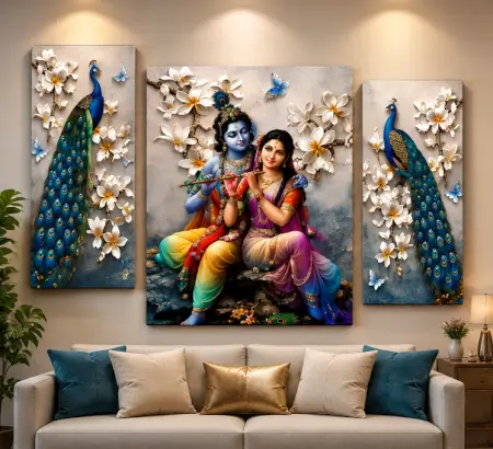 ElGH3Z0XTMAqVazOB0avWG6qVqtbl8OgXLhajLfl.webp Radha Krishna Peacock 3 Panel Canvas Wall Painting | Premium Spiritual Wall Art for Living Room, Bedroom & Office ( default, OS )