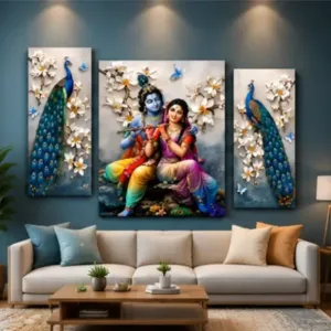 Radha Krishna Peacock 3 Panel Canvas Wall Painting | Premium Spiritual Wall Art for Living Room, Bedroom & Office ( default, OS )