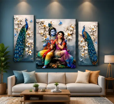 mLejtKQeZDMQRBj6W8HAKo3Vwm3tIeQn74GIK5vP.webp Radha Krishna Peacock 3 Panel Canvas Wall Painting | Premium Spiritual Wall Art for Living Room, Bedroom & Office ( default, OS )