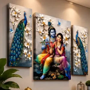 Radha Krishna Peacock 3 Panel Canvas Wall Painting | Premium Spiritual Wall Art for Living Room, Bedroom & Office ( default, OS )