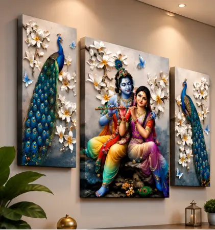 qOGydkg1SE6fPAw4HOqzNm53EFX68IixRkSeD1lH.webp Radha Krishna Peacock 3 Panel Canvas Wall Painting | Premium Spiritual Wall Art for Living Room, Bedroom & Office ( default, OS )